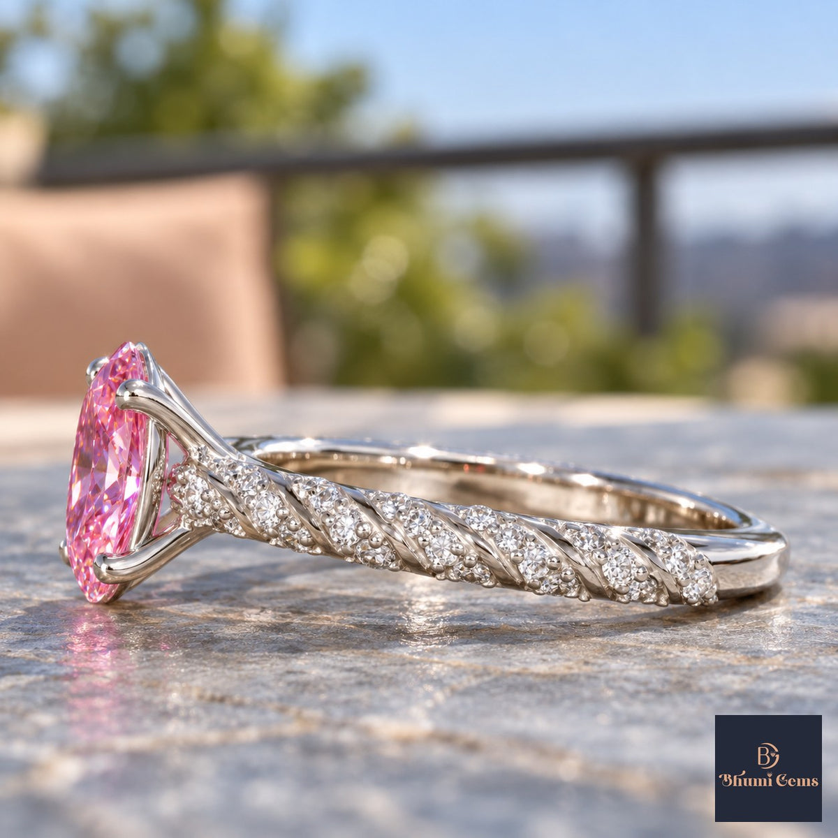Pink Oval Cut Lab Grown Diamond Engagement Ring - Twisted Rope Band in white gold, side view