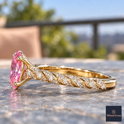 Pink Oval Cut Lab Grown Diamond Engagement Ring - Twisted Rope Band in yellow gold, side view