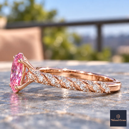 Pink Oval Cut Lab Grown Diamond Engagement Ring - Twisted Rope Band in rose gold, side view