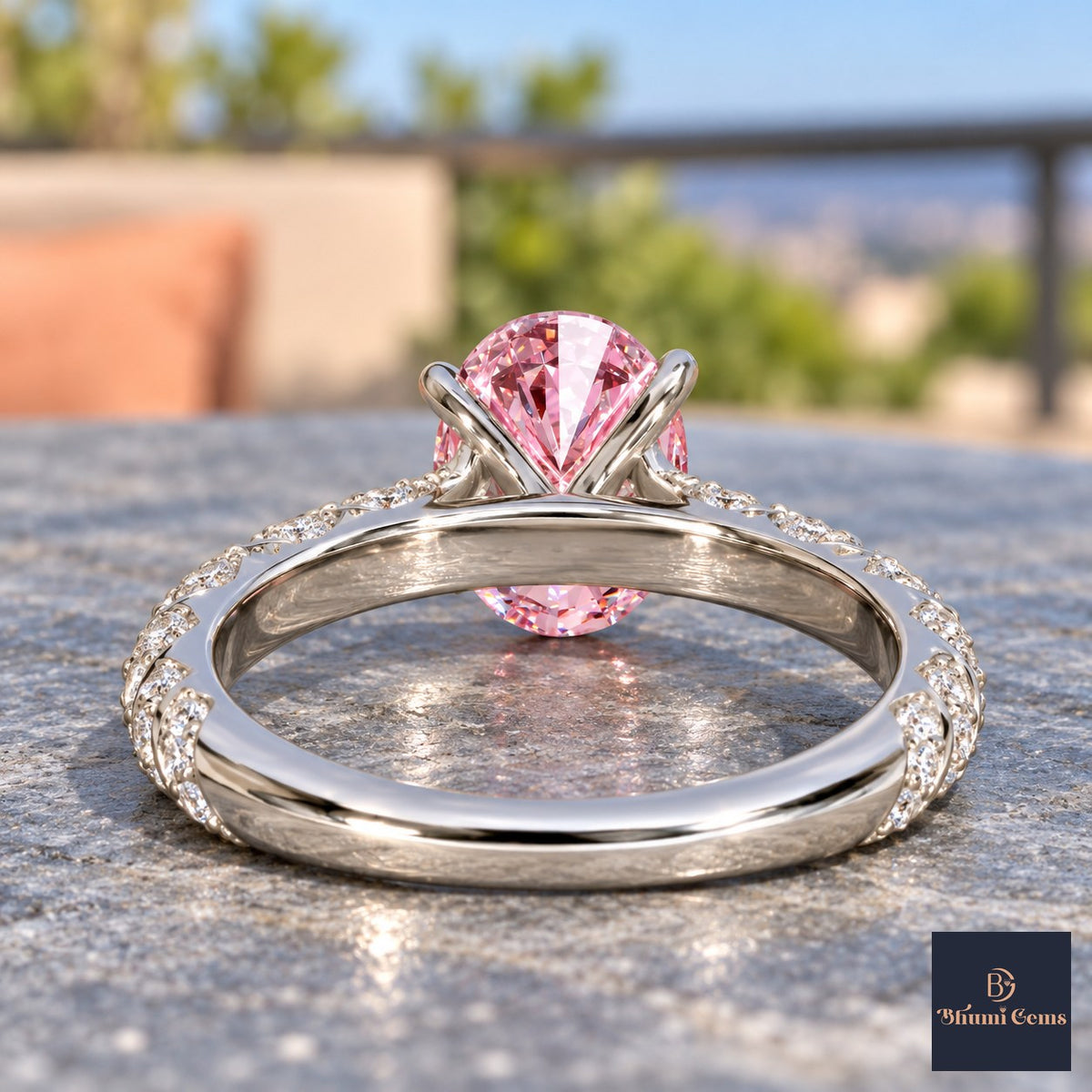 Pink Oval Cut Lab Grown Diamond Engagement Ring - Twisted Rope Band in white gold, gallery view