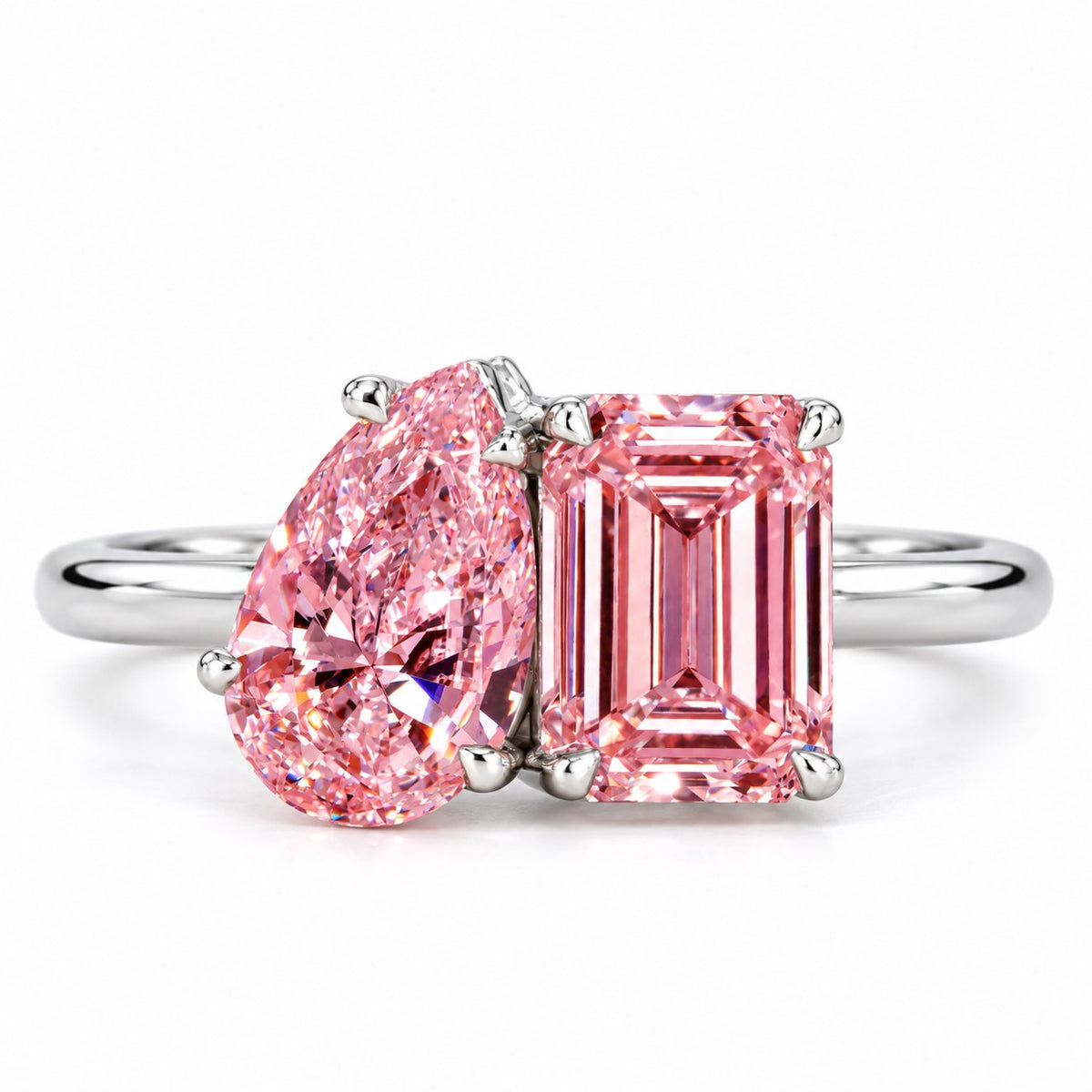 Pink Pear and Emerald Cut Lab Grown Diamond Engagement Ring - Toi et Moi in white gold, front view