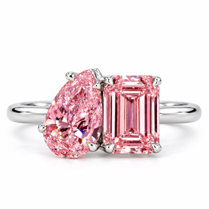 Pink Pear and Emerald Cut Lab Grown Diamond Engagement Ring - Toi et Moi in white gold, front view
