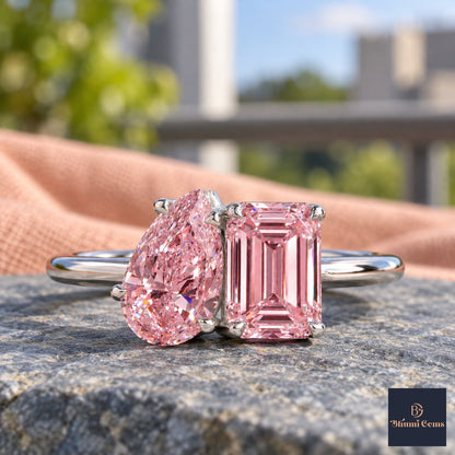 Pink Pear and Emerald Cut Lab Grown Diamond Engagement Ring - Toi et Moi in white gold, close-up