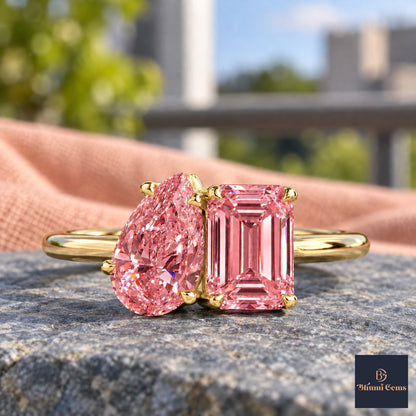 Pink Pear and Emerald Cut Lab Grown Diamond Engagement Ring - Toi et Moi in yellow gold, close-up