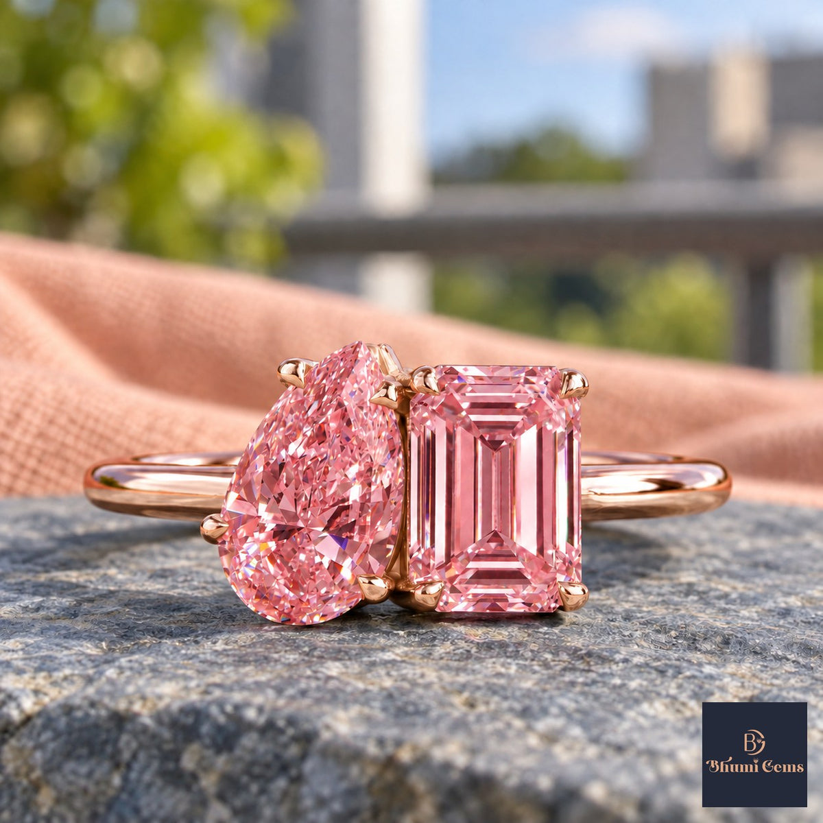 Pink Pear and Emerald Cut Lab Grown Diamond Engagement Ring - Toi et Moi in rose gold, close-up