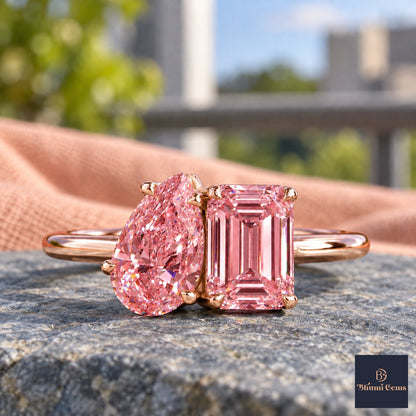 Pink Pear and Emerald Cut Lab Grown Diamond Engagement Ring - Toi et Moi in rose gold, close-up