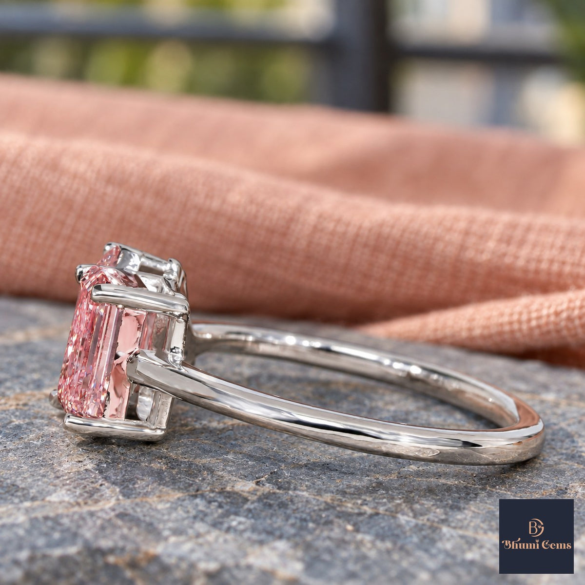 Pink Pear and Emerald Cut Lab Grown Diamond Engagement Ring - Toi et Moi in white gold, side view