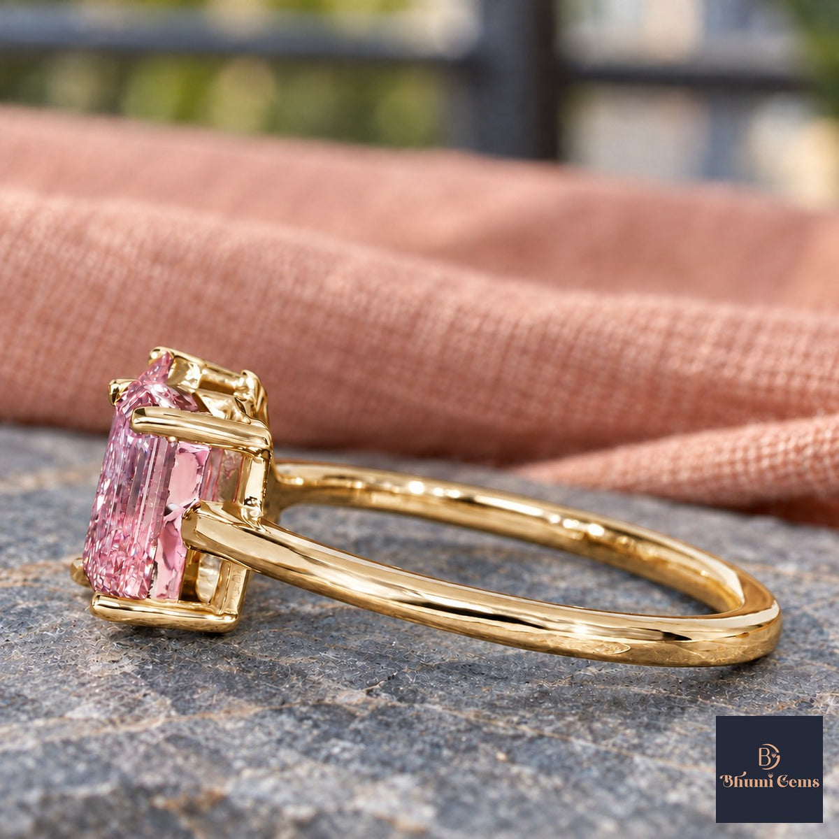 Pink Pear and Emerald Cut Lab Grown Diamond Engagement Ring - Toi et Moi in yellow gold, side view