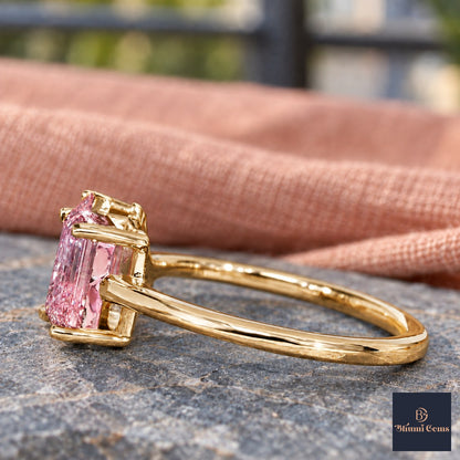Pink Pear and Emerald Cut Lab Grown Diamond Engagement Ring - Toi et Moi in yellow gold, side view