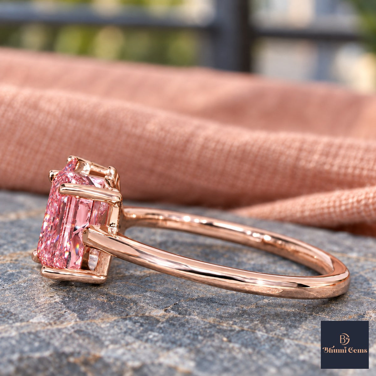 Pink Pear and Emerald Cut Lab Grown Diamond Engagement Ring - Toi et Moi in rose gold, side view