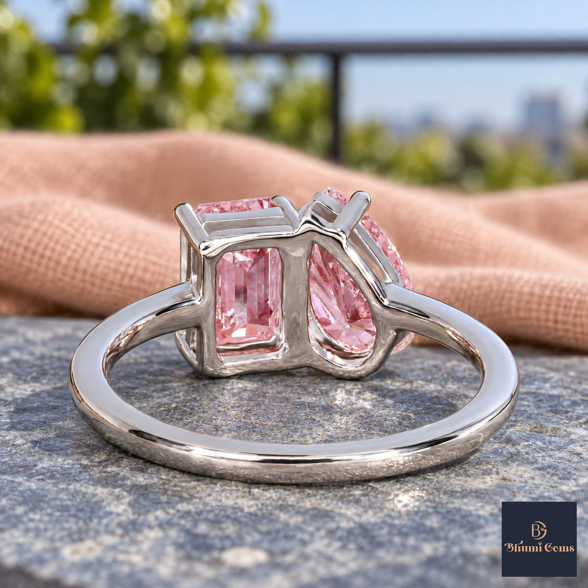 Pink Pear and Emerald Cut Lab Grown Diamond Engagement Ring - Toi et Moi in white gold, gallery view