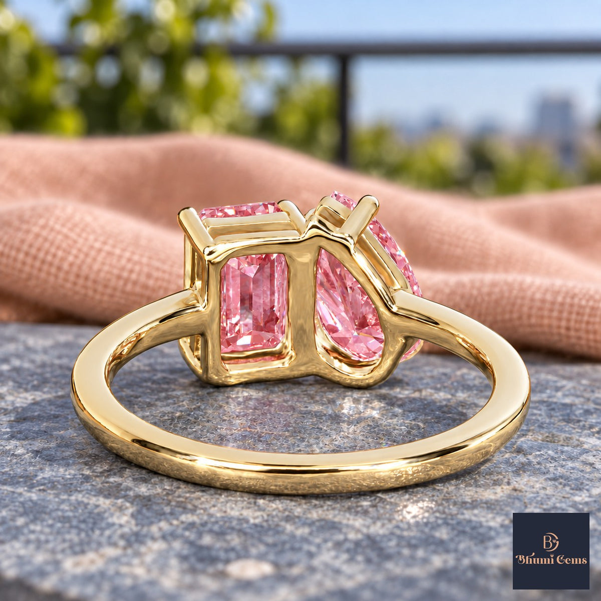 Pink Pear and Emerald Cut Lab Grown Diamond Engagement Ring - Toi et Moi in yellow gold, gallery view