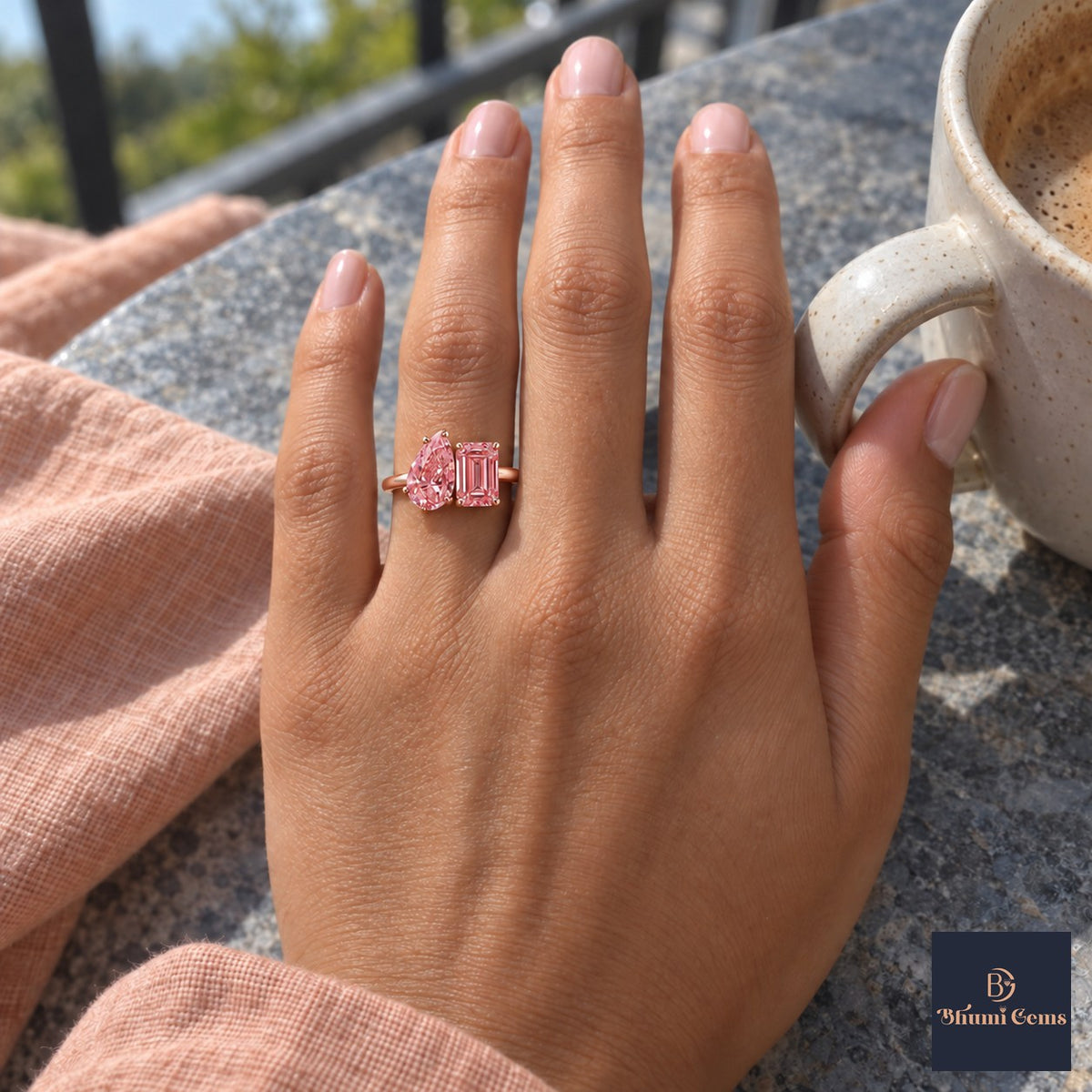 Pink Pear and Emerald Cut Lab Grown Diamond Engagement Ring - Toi et Moi in rose gold, on the hand
