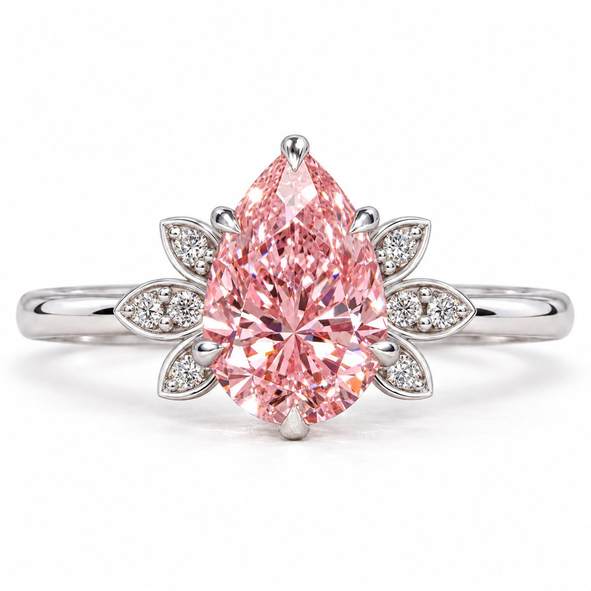 Pink Pear Cut Lab Grown Diamond Engagement Ring - Floral Leaf Accents in white gold, front view
