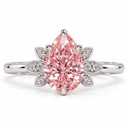 Pink Pear Cut Lab Grown Diamond Engagement Ring - Floral Leaf Accents in white gold, front view