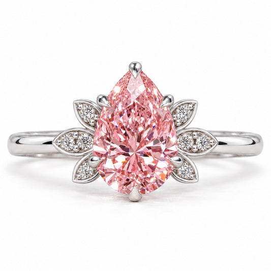 Pink Pear Cut Lab Grown Diamond Engagement Ring - Floral Leaf Accents in white gold, front view