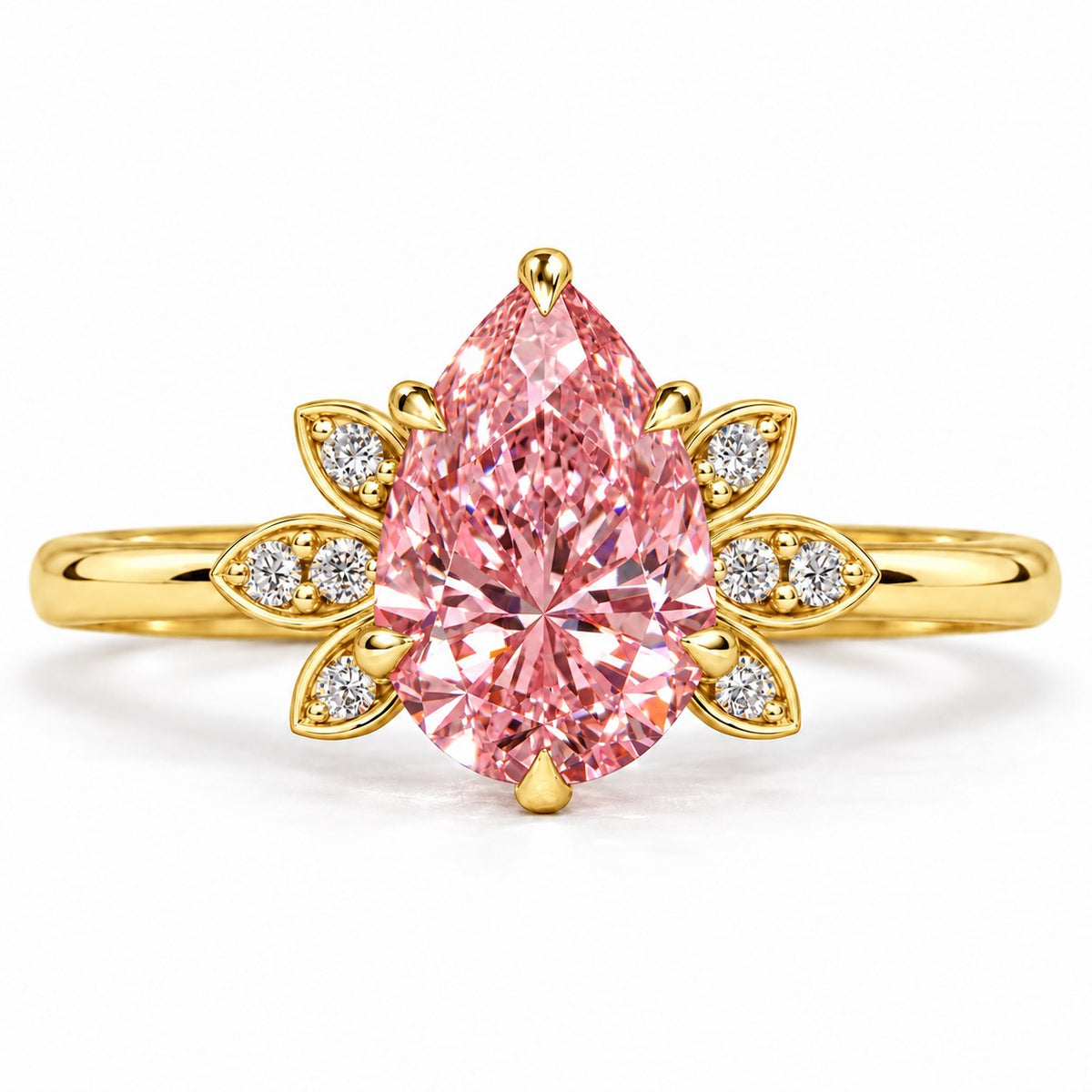 Pink Pear Cut Lab Grown Diamond Engagement Ring - Floral Leaf Accents in yellow gold, front view
