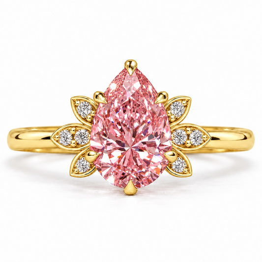 Pink Pear Cut Lab Grown Diamond Engagement Ring - Floral Leaf Accents in yellow gold, front view
