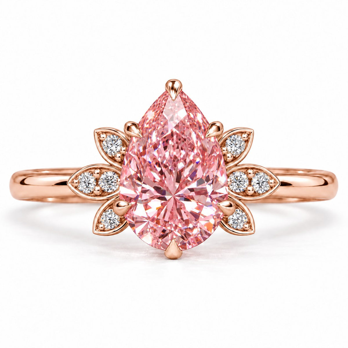 Pink Pear Cut Lab Grown Diamond Engagement Ring - Floral Leaf Accents in rose gold, front view