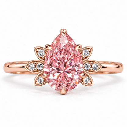 Pink Pear Cut Lab Grown Diamond Engagement Ring - Floral Leaf Accents in rose gold, front view