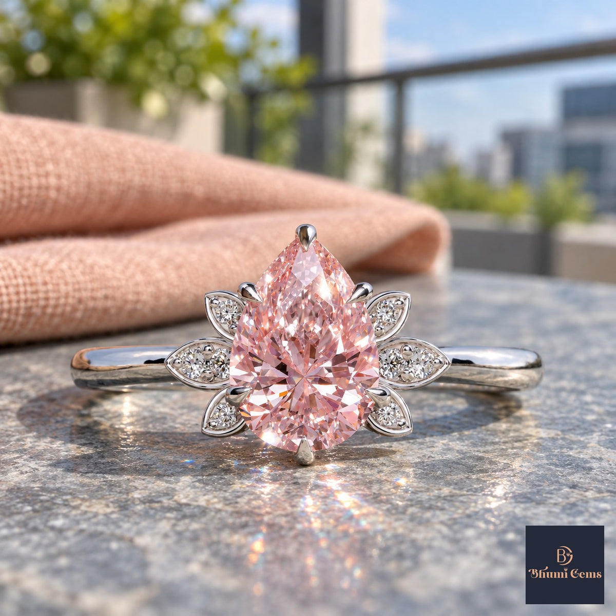 Pink Pear Cut Lab Grown Diamond Engagement Ring - Floral Leaf Accents in white gold, close-up