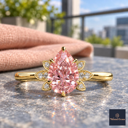 Pink Pear Cut Lab Grown Diamond Engagement Ring - Floral Leaf Accents in yellow gold, close-up