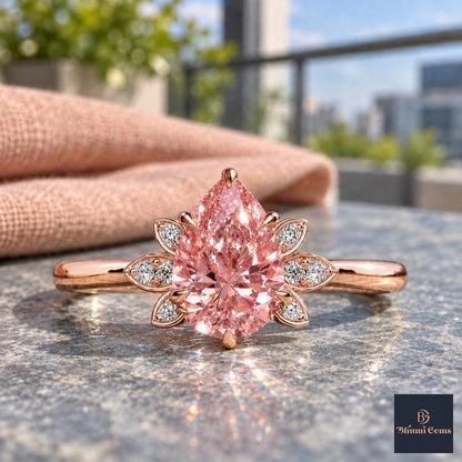 Pink Pear Cut Lab Grown Diamond Engagement Ring - Floral Leaf Accents in rose gold, close-up