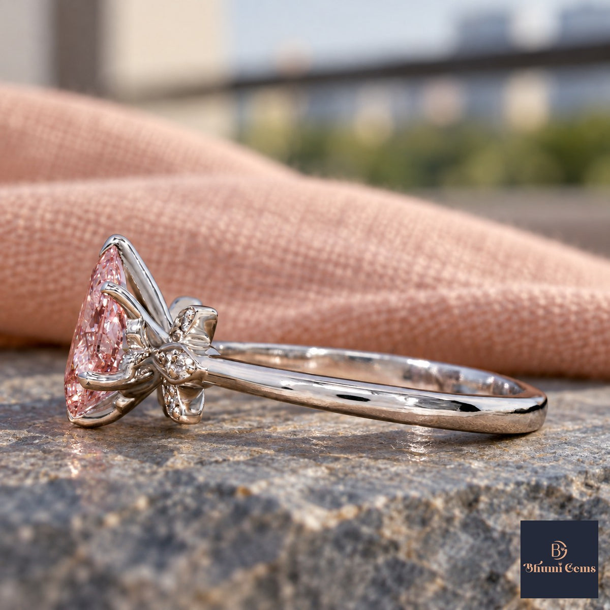Pink Pear Cut Lab Grown Diamond Engagement Ring - Floral Leaf Accents in white gold, side view