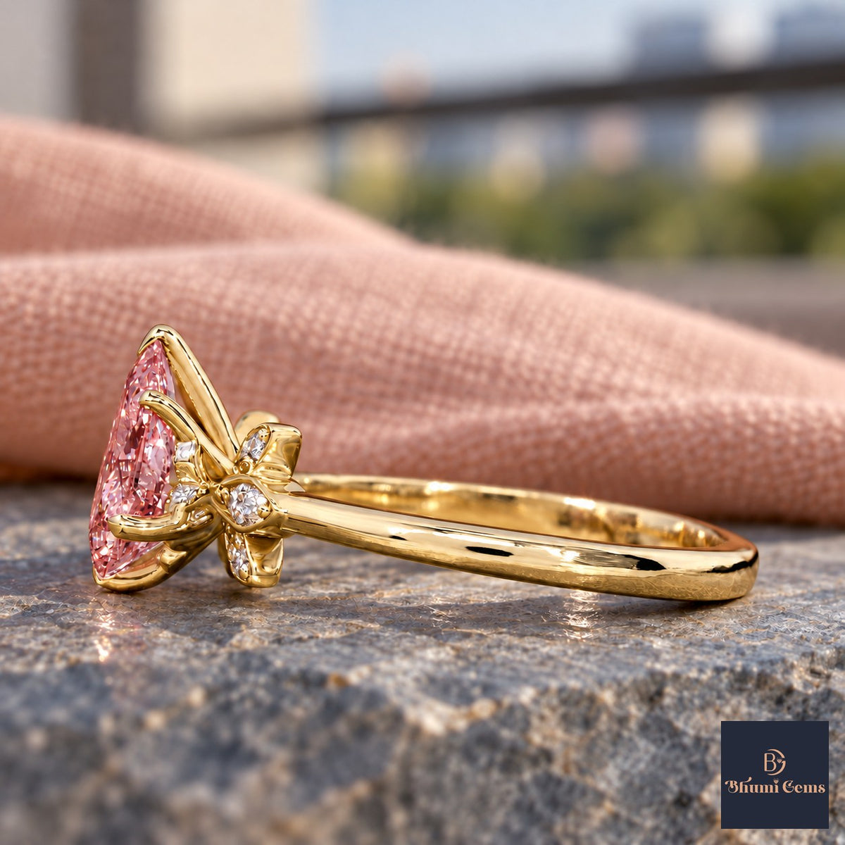 Pink Pear Cut Lab Grown Diamond Engagement Ring - Floral Leaf Accents in yellow gold, side view