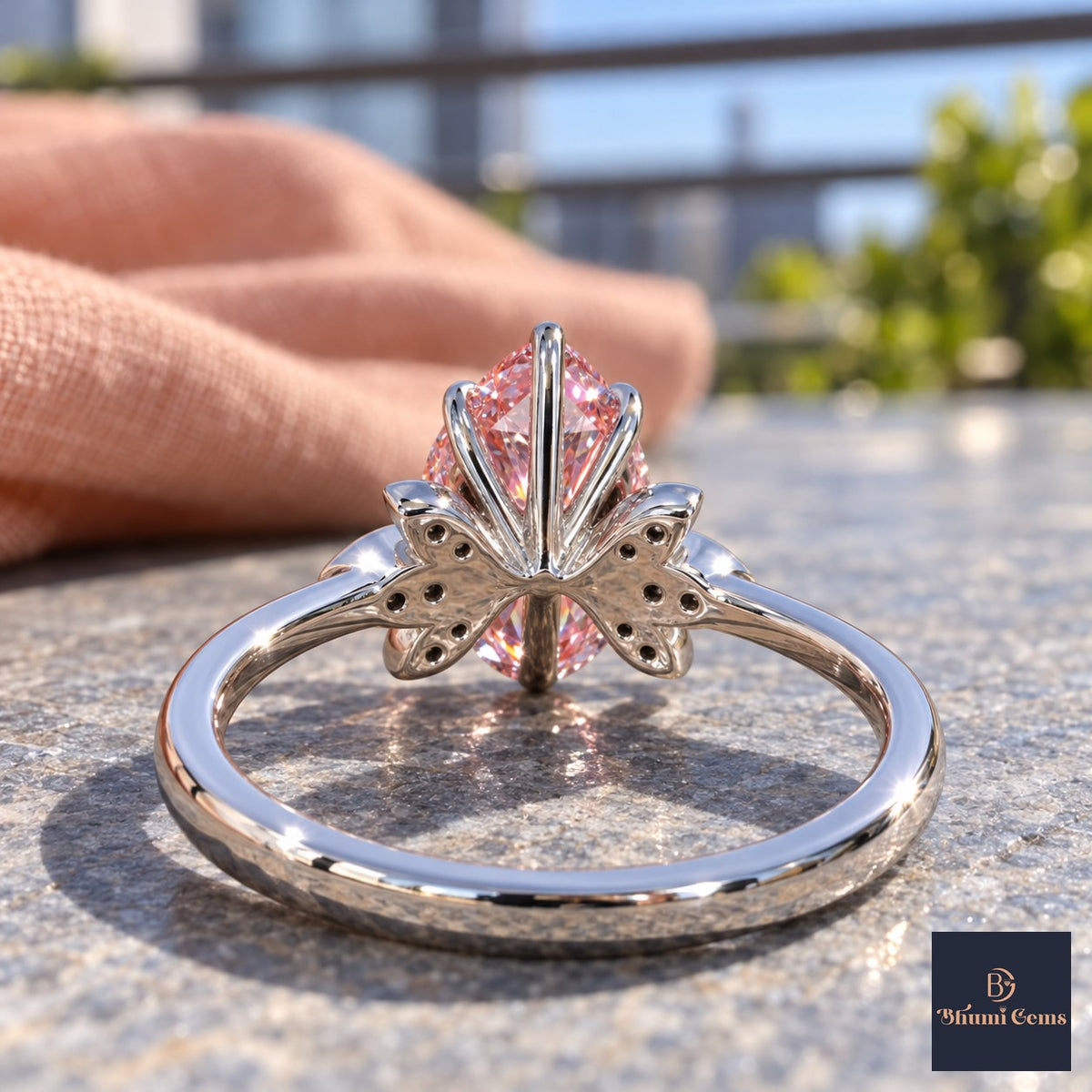 Pink Pear Cut Lab Grown Diamond Engagement Ring - Floral Leaf Accents in white gold, gallery view