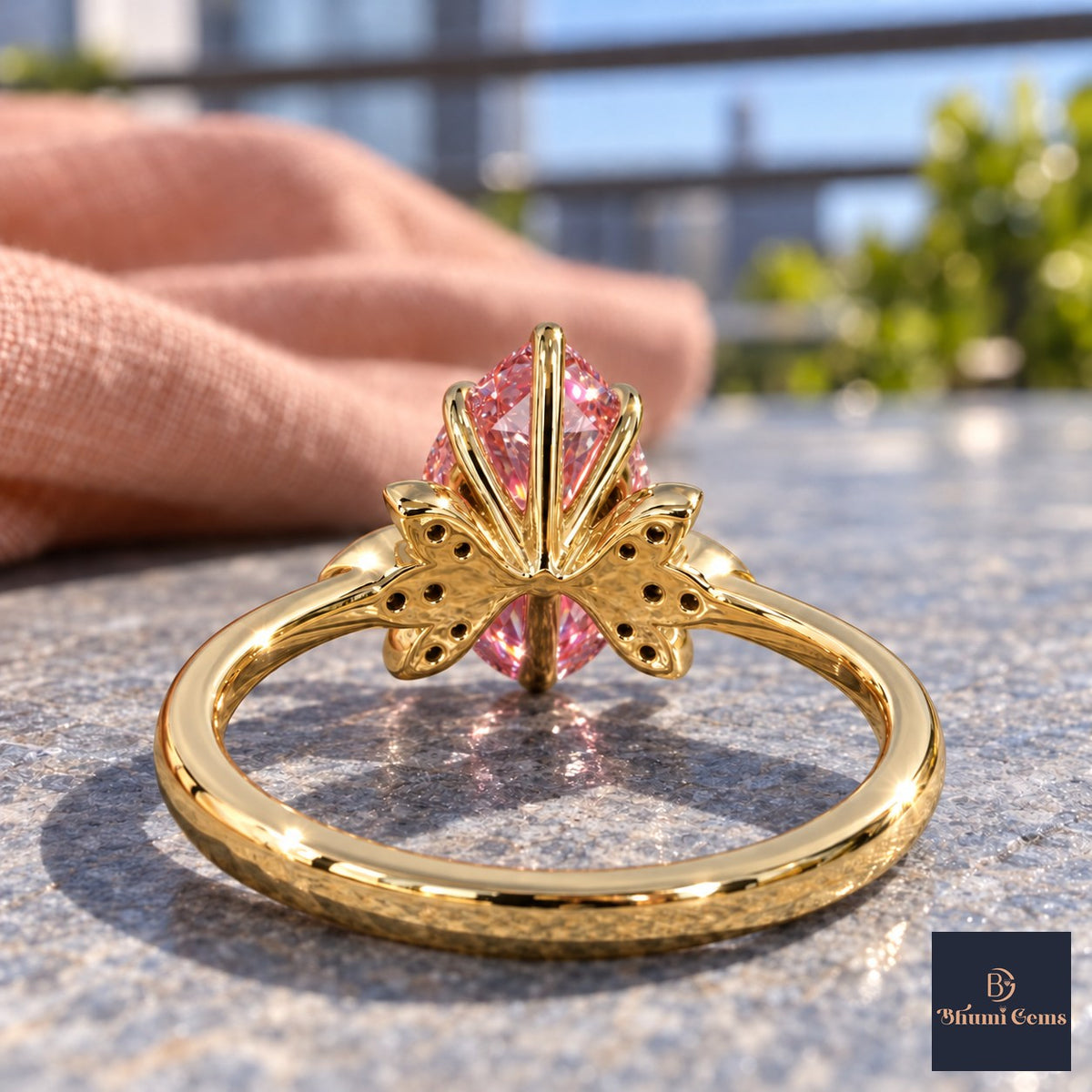Pink Pear Cut Lab Grown Diamond Engagement Ring - Floral Leaf Accents in yellow gold, gallery view
