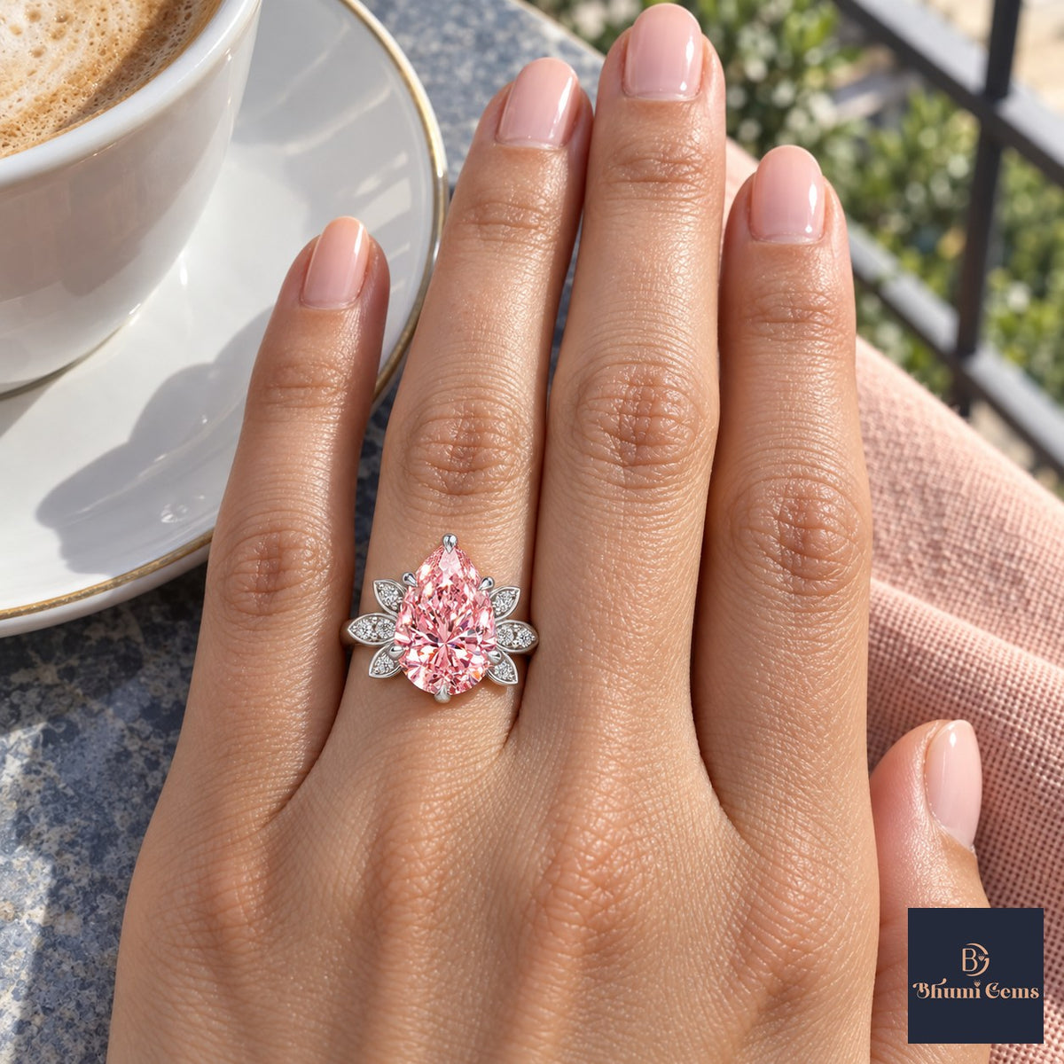Pink Pear Cut Lab Grown Diamond Engagement Ring - Floral Leaf Accents in white gold, on the hand