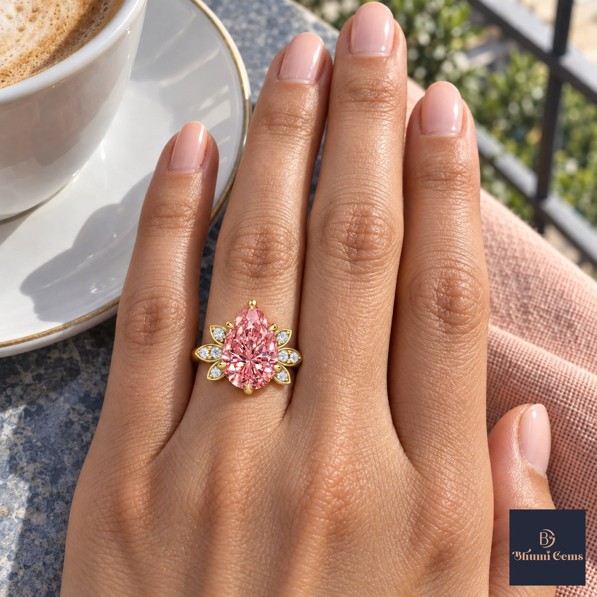 Pink Pear Cut Lab Grown Diamond Engagement Ring - Floral Leaf Accents in yellow gold, on the hand