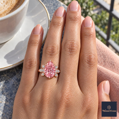Pink Pear Cut Lab Grown Diamond Engagement Ring - Floral Leaf Accents in rose gold, on the hand