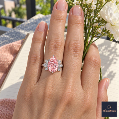 Pink Pear Cut Lab Grown Diamond Engagement Ring - Floral Leaf Accents in white gold, worn on the hand