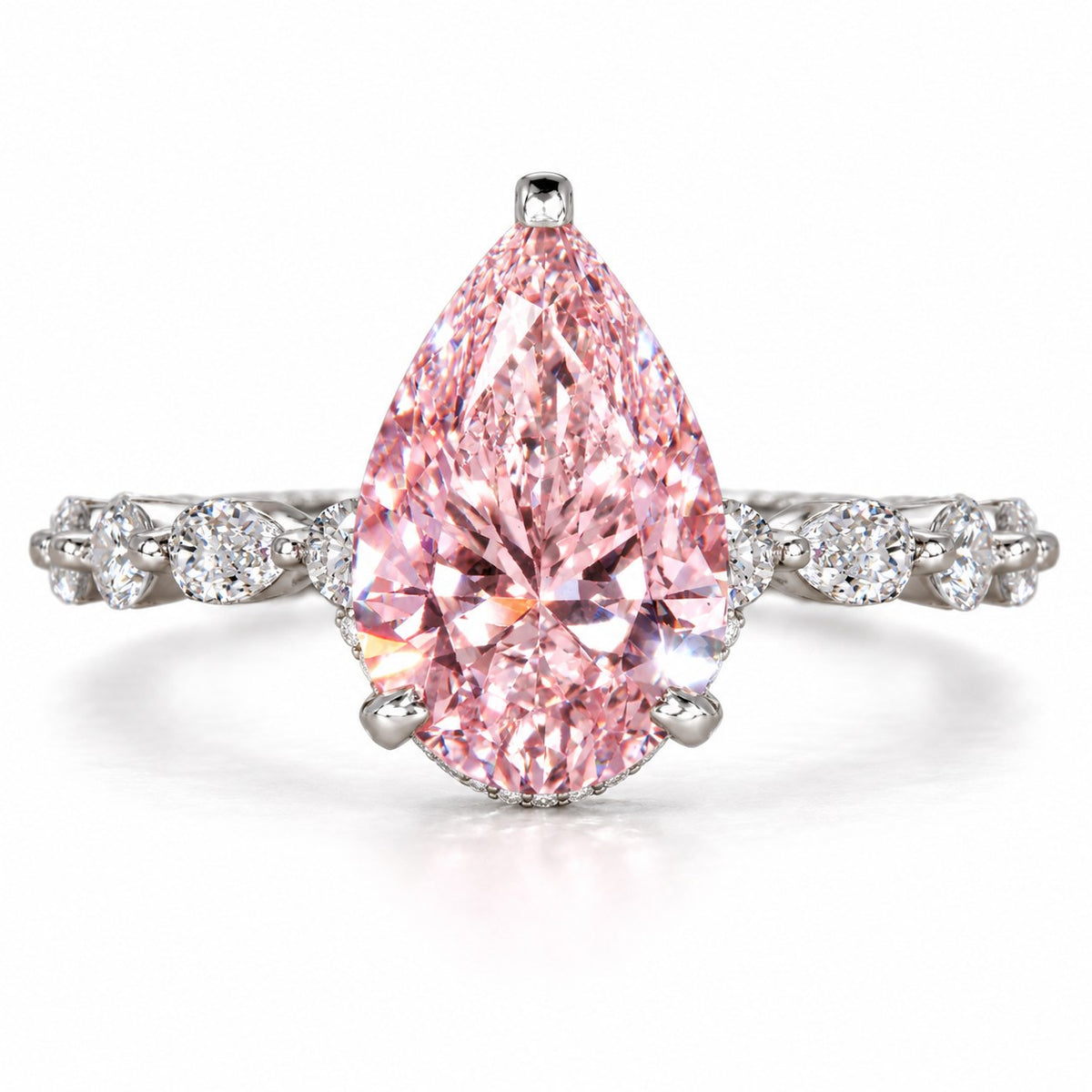 Pink Pear Cut Lab Grown Diamond Engagement Ring - Navette Band in white gold, front view