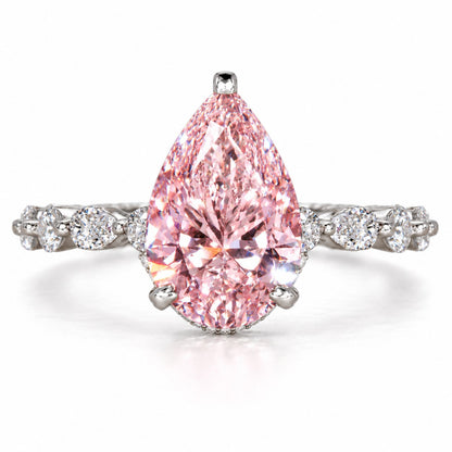 Pink Pear Cut Lab Grown Diamond Engagement Ring - Navette Band in white gold, front view