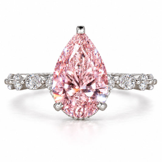 Pink Pear Cut Lab Grown Diamond Engagement Ring - Navette Band in white gold, front view