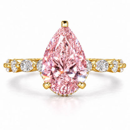 Pink Pear Cut Lab Grown Diamond Engagement Ring - Navette Band in yellow gold, front view