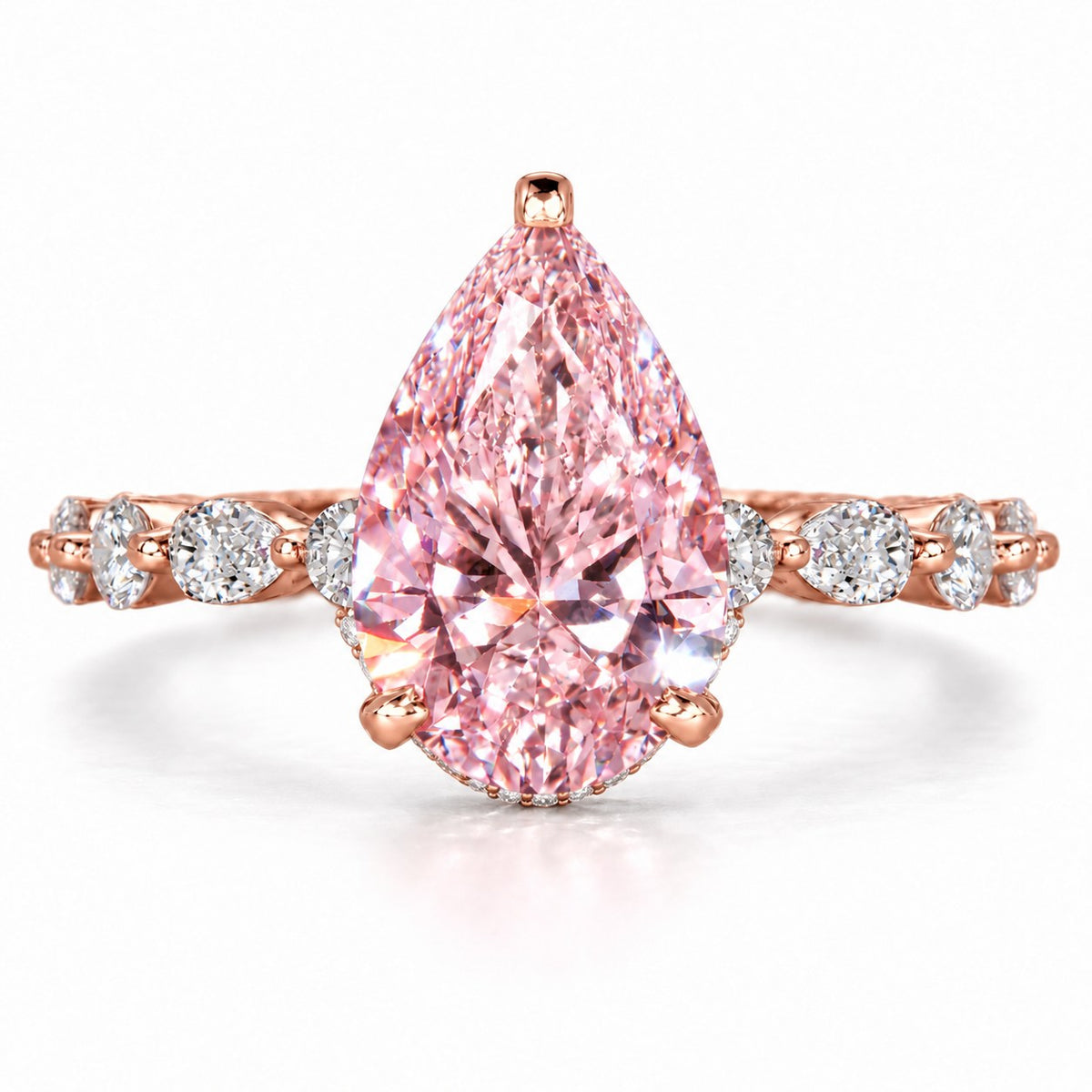 Pink Pear Cut Lab Grown Diamond Engagement Ring - Navette Band in rose gold, front view
