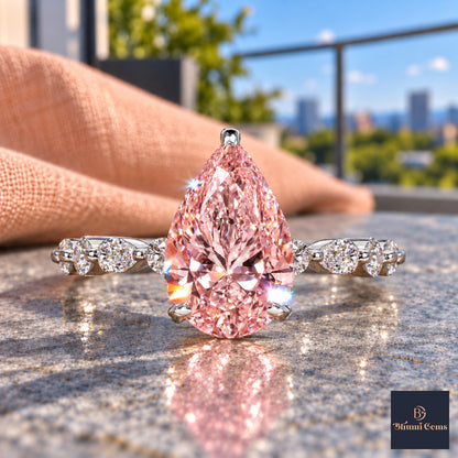 Pink Pear Cut Lab Grown Diamond Engagement Ring - Navette Band in white gold, close-up