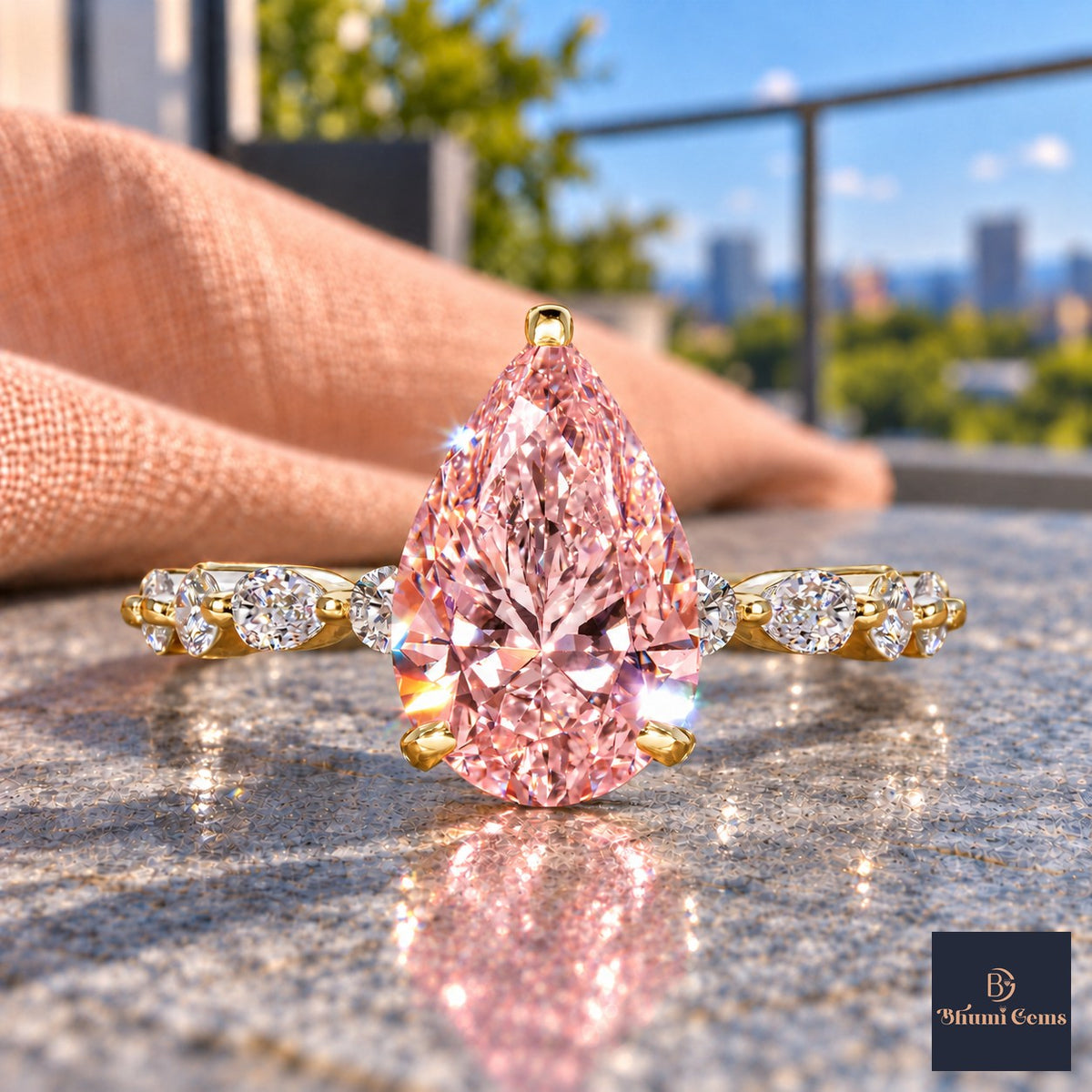 Pink Pear Cut Lab Grown Diamond Engagement Ring - Navette Band in yellow gold, close-up