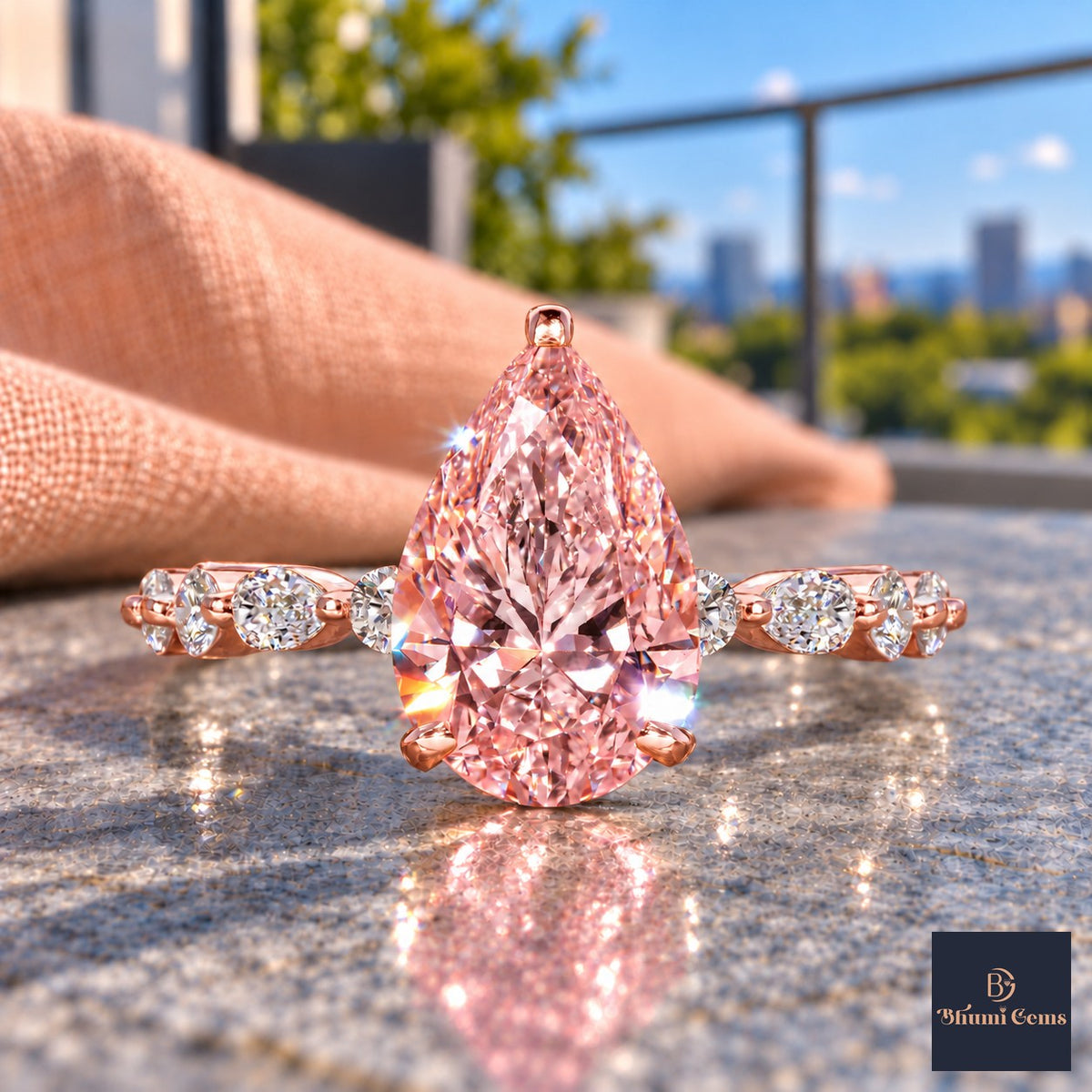 Pink Pear Cut Lab Grown Diamond Engagement Ring - Navette Band in rose gold, close-up