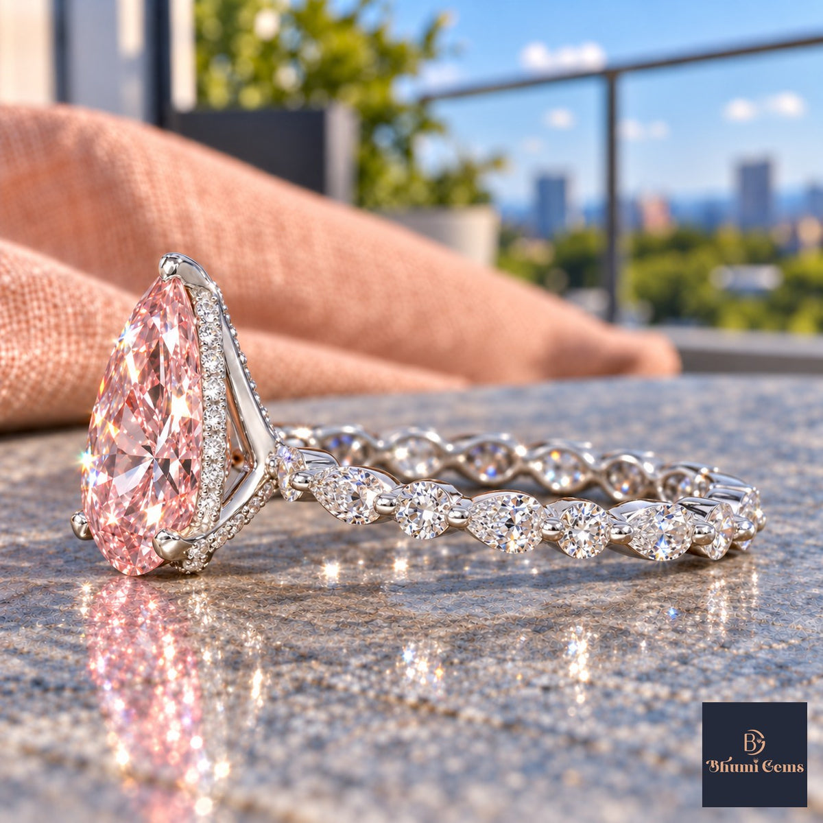 Pink Pear Cut Lab Grown Diamond Engagement Ring - Navette Band in white gold, side view