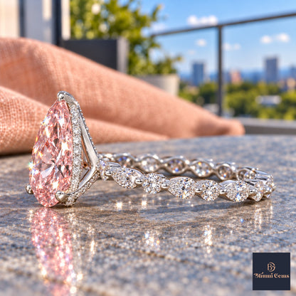 Pink Pear Cut Lab Grown Diamond Engagement Ring - Navette Band in white gold, side view