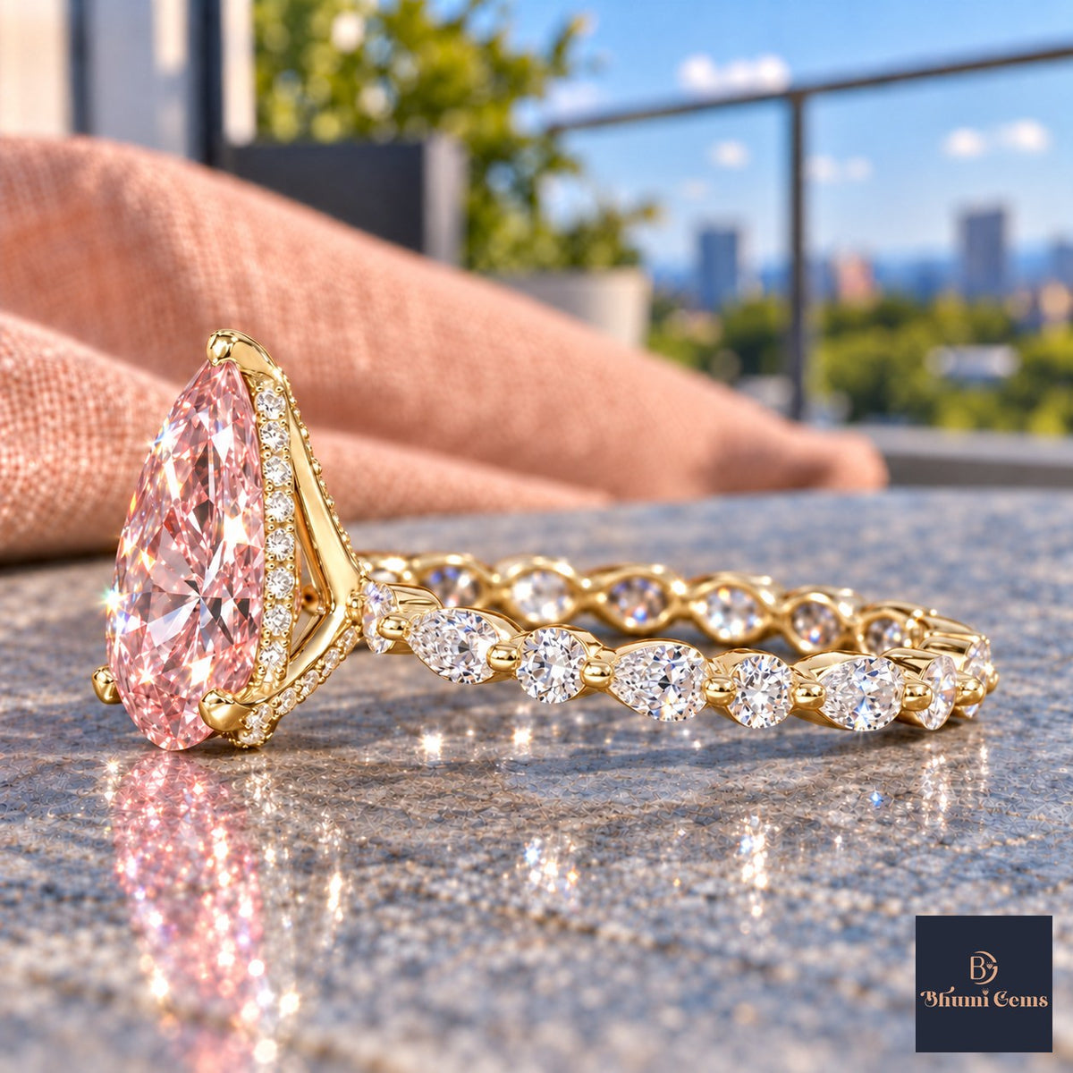 Pink Pear Cut Lab Grown Diamond Engagement Ring - Navette Band in yellow gold, side view