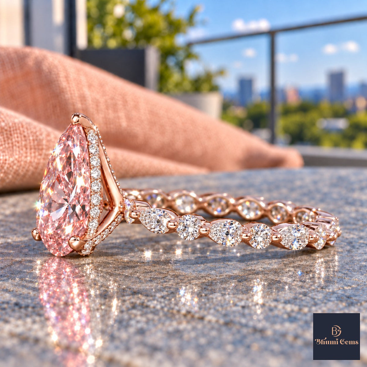 Pink Pear Cut Lab Grown Diamond Engagement Ring - Navette Band in rose gold, side view