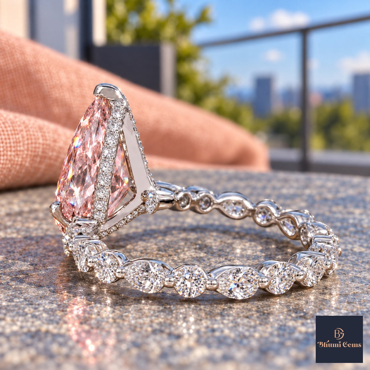 Pink Pear Cut Lab Grown Diamond Engagement Ring - Navette Band in white gold, gallery view