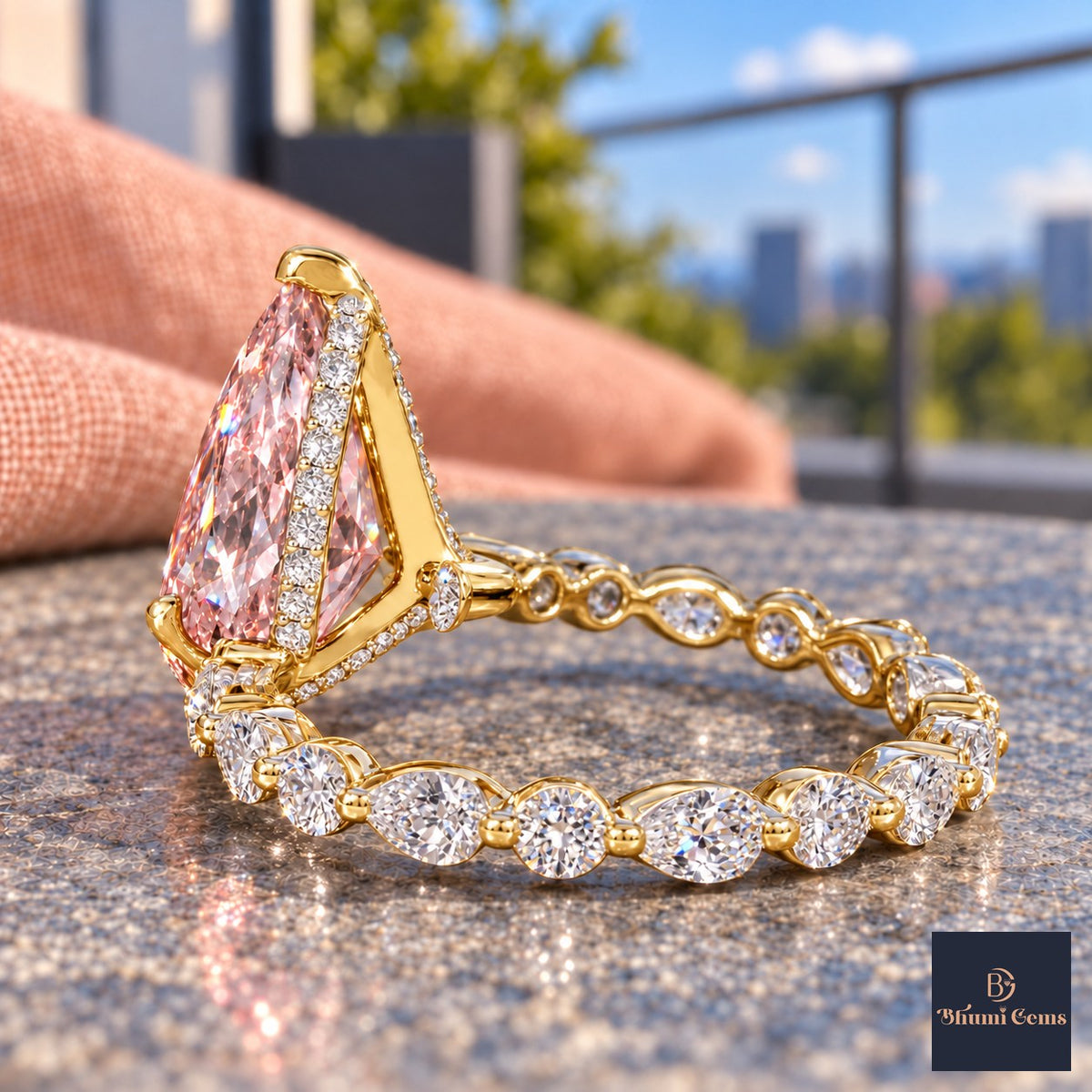 Pink Pear Cut Lab Grown Diamond Engagement Ring - Navette Band in yellow gold, gallery view