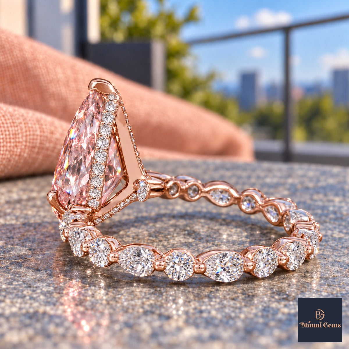 Pink Pear Cut Lab Grown Diamond Engagement Ring - Navette Band in rose gold, gallery view